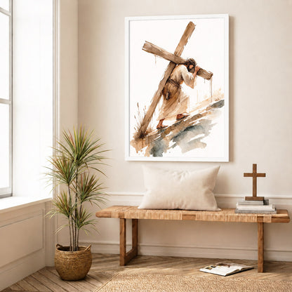 Jesus Carrying The Cross Minimal Watercolor Poster/Canvas