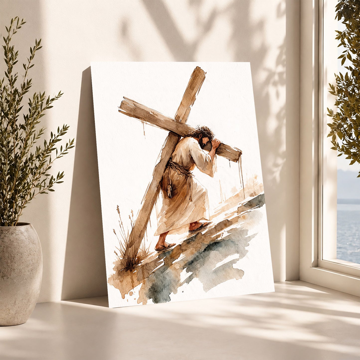 Jesus Carrying The Cross Minimal Watercolor Poster/Canvas