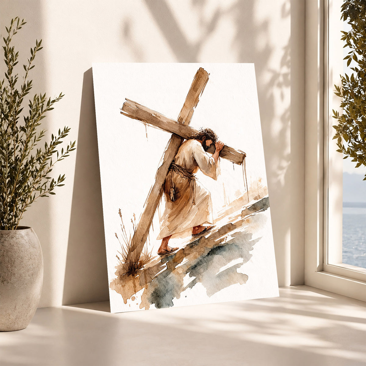 Jesus Carrying The Cross Minimal Watercolor Poster/Canvas