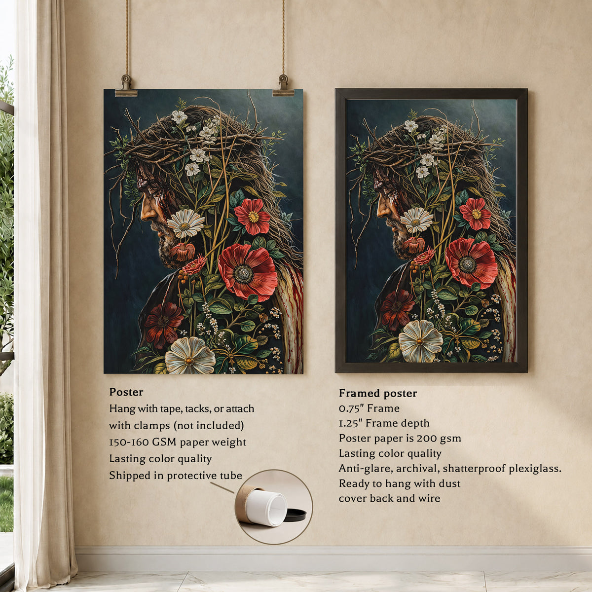 Jesus Christ Floral Crown Wall Art Poster/Canvas