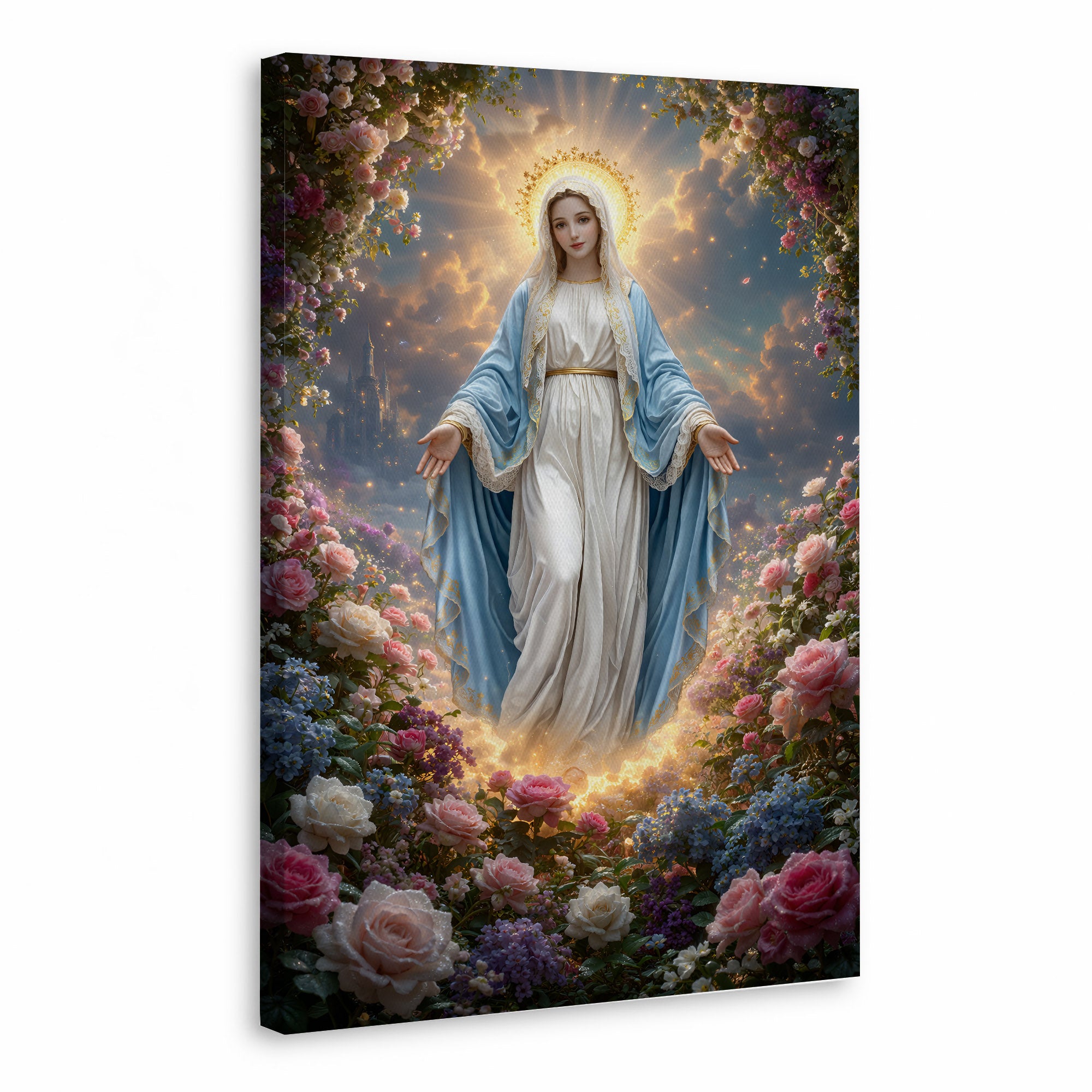 Blessed Virgin Mary Floral Christian Wall Art – Victory of Resurrection Wall Art Poster/Canvas