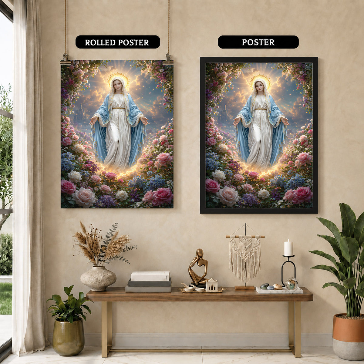 Blessed Virgin Mary Floral Christian Wall Art – Victory of Resurrection Wall Art Poster/Canvas