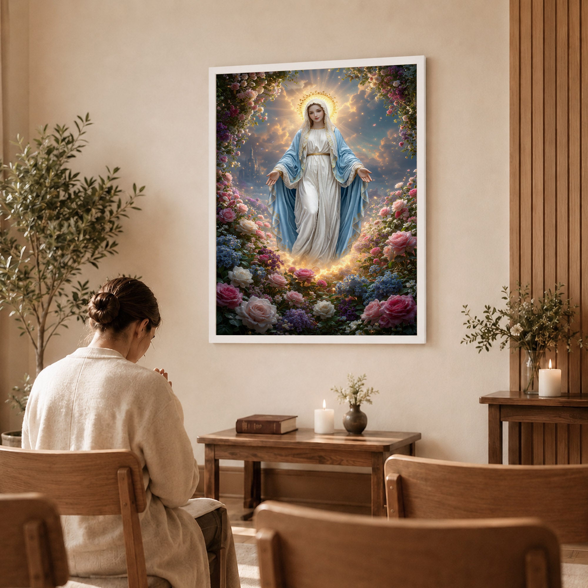 Blessed Virgin Mary Floral Christian Wall Art – Victory of Resurrection Wall Art Poster/Canvas