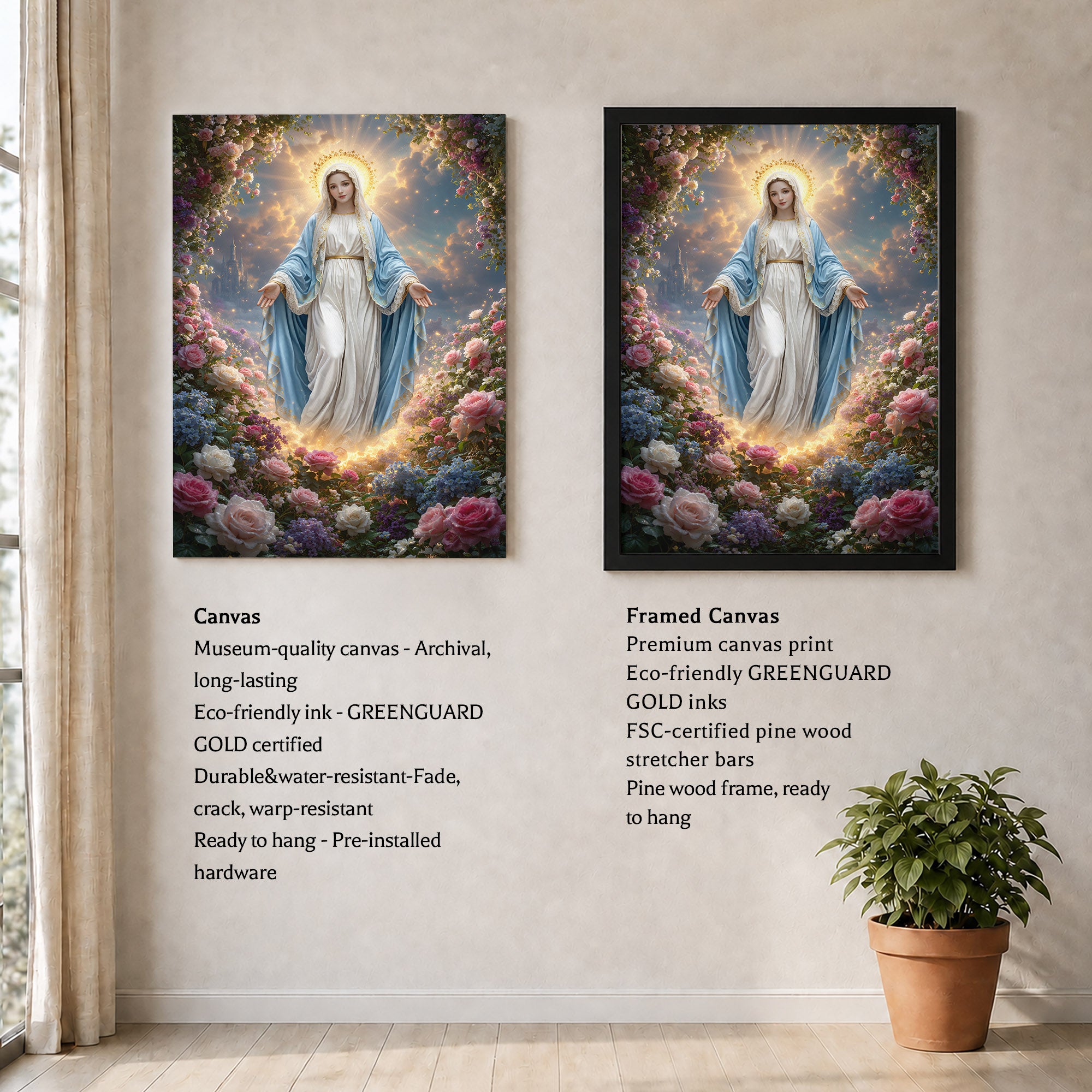 Blessed Virgin Mary Floral Christian Wall Art – Victory of Resurrection Wall Art Poster/Canvas