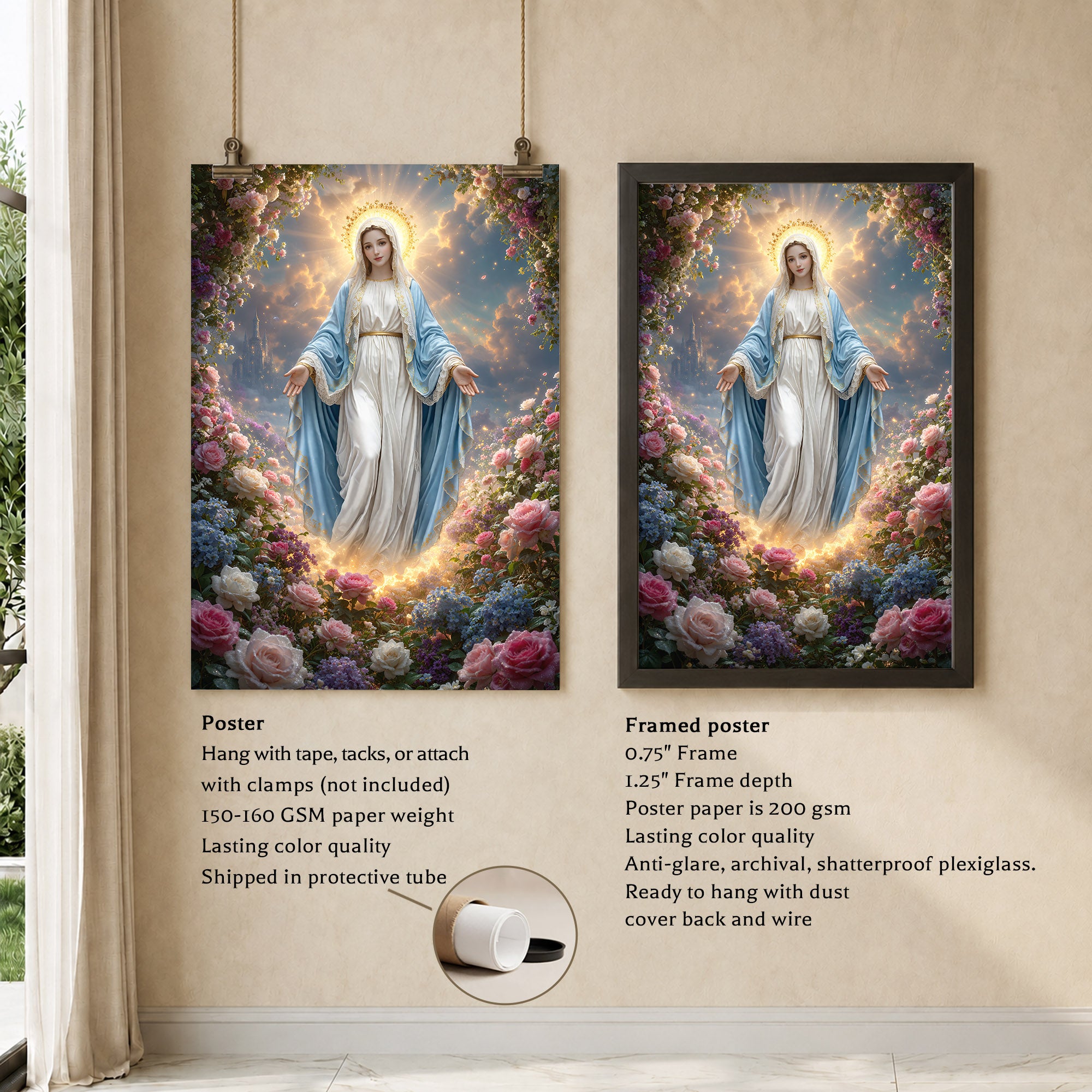 Blessed Virgin Mary Floral Christian Wall Art – Victory of Resurrection Wall Art Poster/Canvas