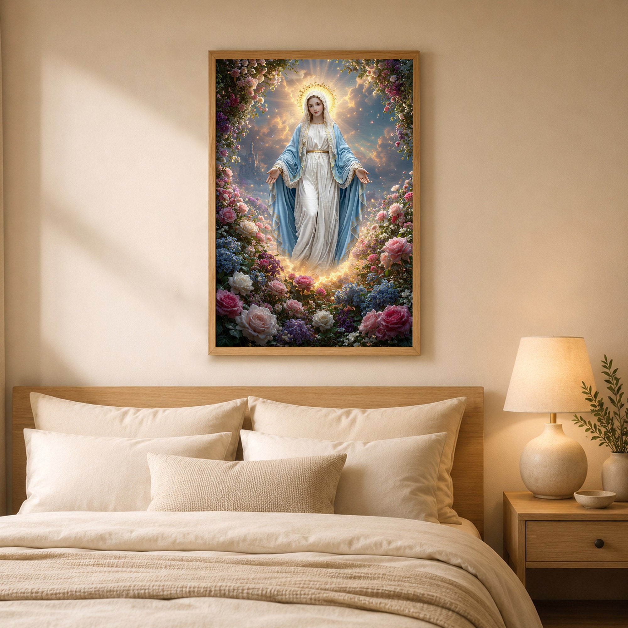 Blessed Virgin Mary Floral Christian Wall Art – Victory of Resurrection Wall Art Poster/Canvas