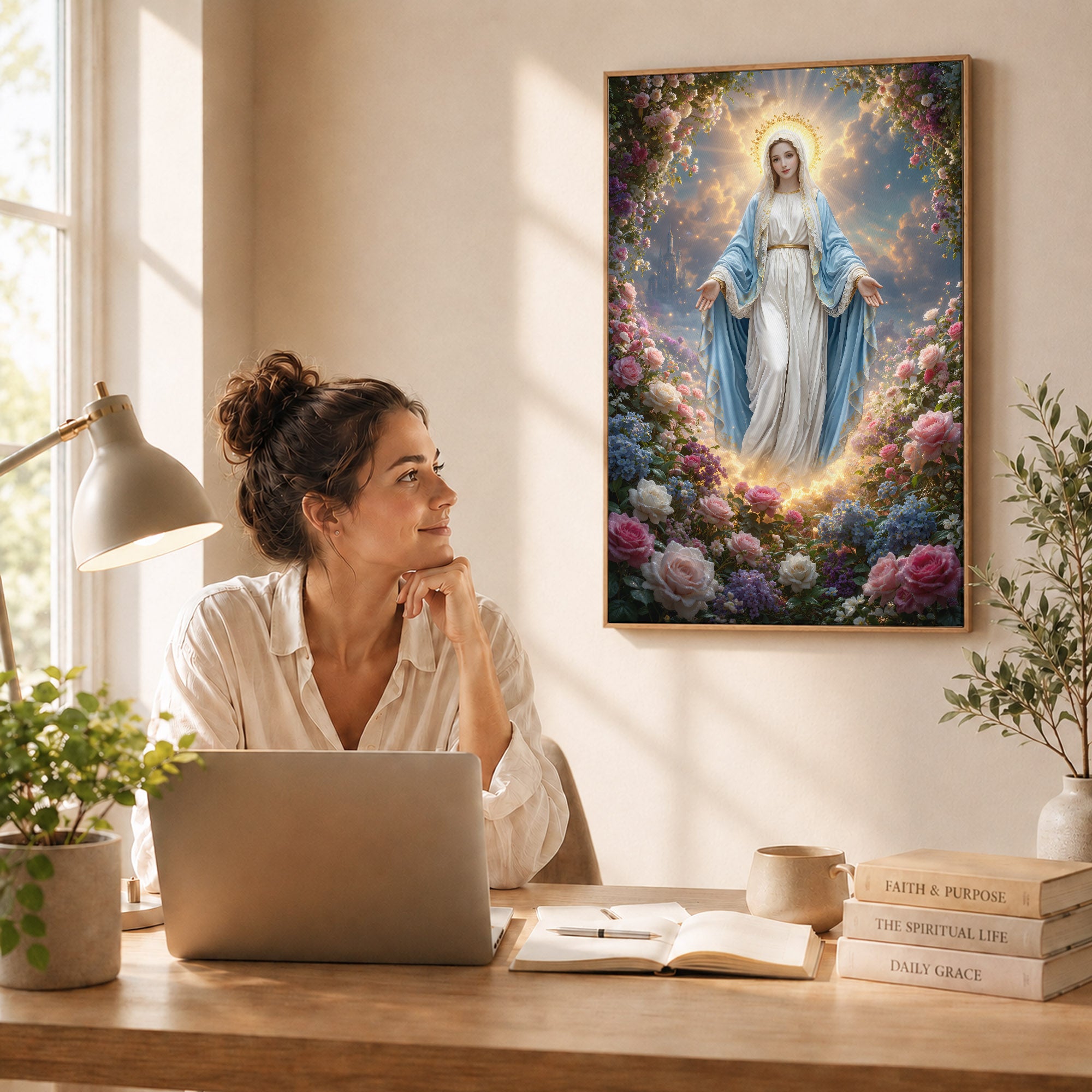 Blessed Virgin Mary Floral Christian Wall Art – Victory of Resurrection Wall Art Poster/Canvas