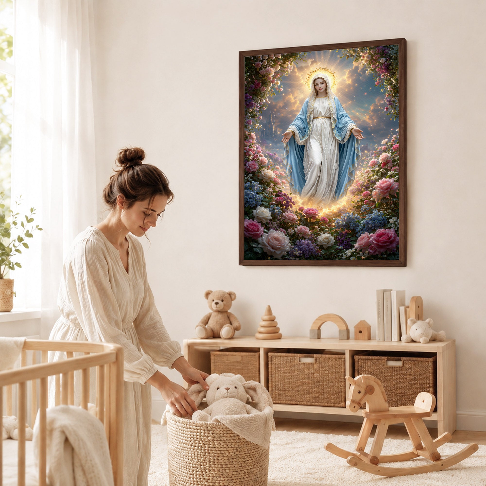 Blessed Virgin Mary Floral Christian Wall Art – Victory of Resurrection Wall Art Poster/Canvas