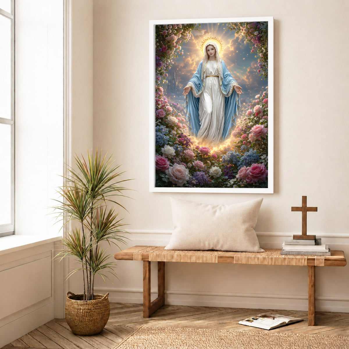 Blessed Virgin Mary Floral Christian Wall Art – Victory of Resurrection Wall Art Poster/Canvas