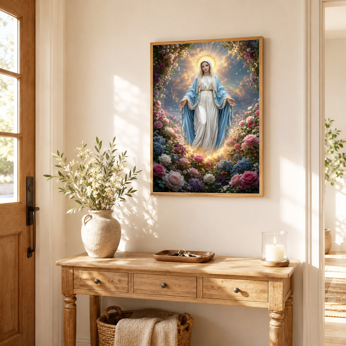 Blessed Virgin Mary Floral Christian Wall Art – Victory of Resurrection Wall Art Poster/Canvas