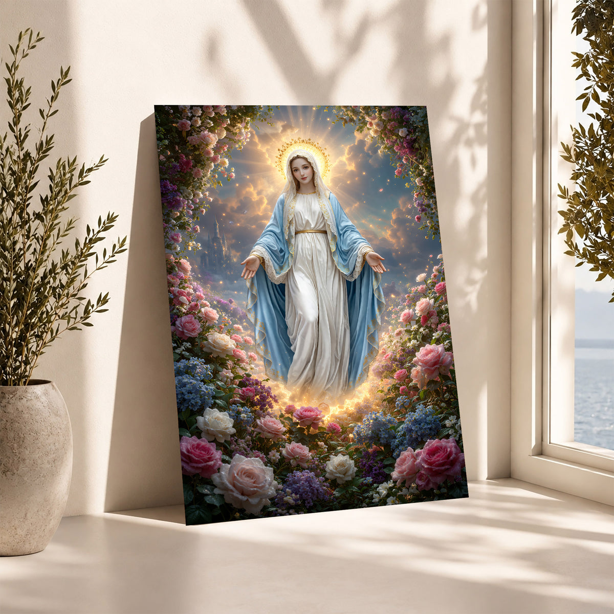 Blessed Virgin Mary Floral Christian Wall Art – Victory of Resurrection Wall Art Poster/Canvas