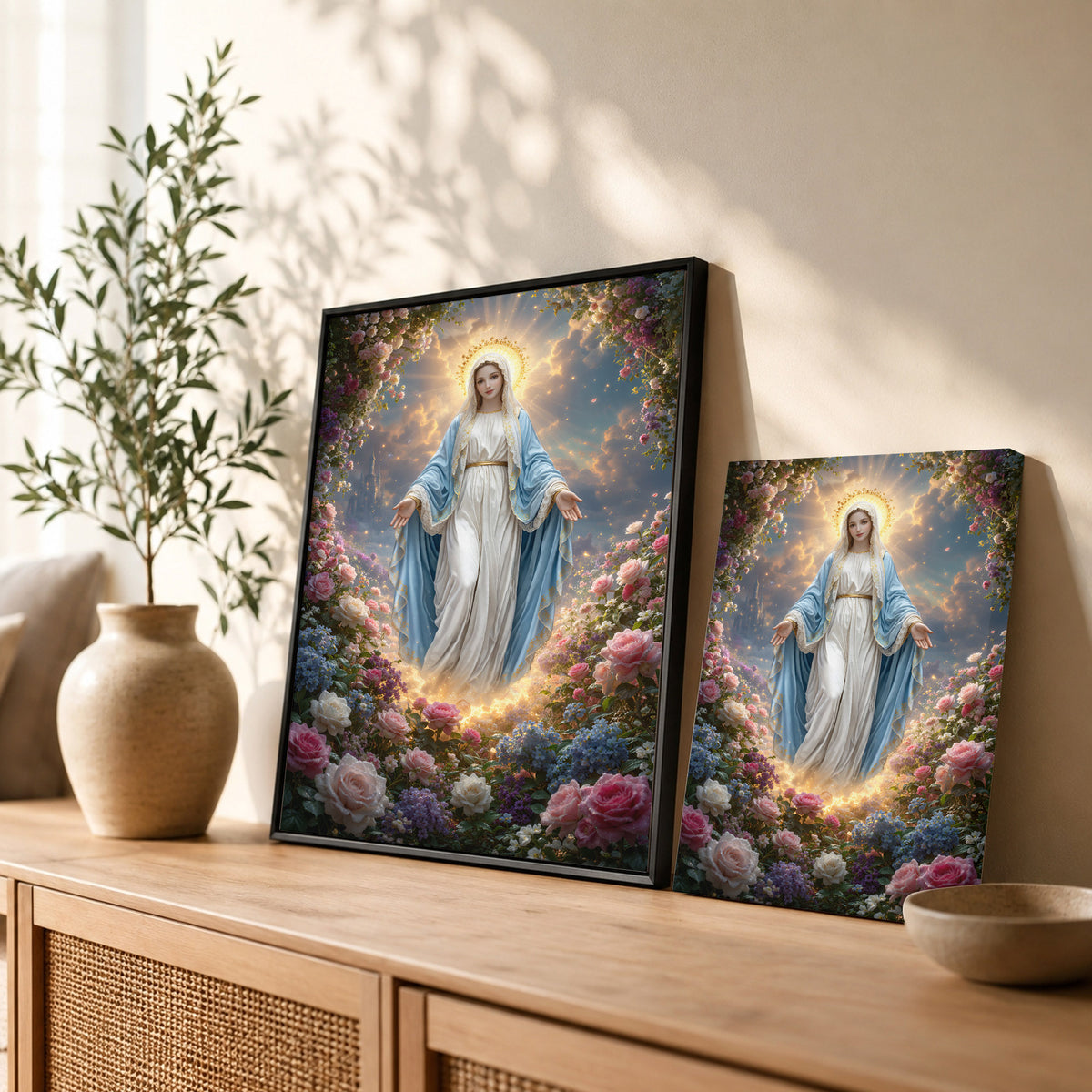 Blessed Virgin Mary Floral Christian Wall Art – Victory of Resurrection Wall Art Poster/Canvas