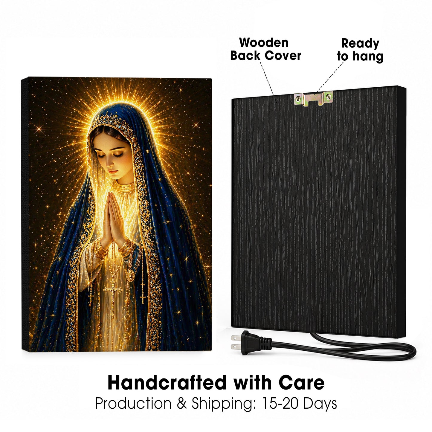 LED Mother Mary Prayer Canvas/Mica – Christian Wall Art with Hidden Backlight