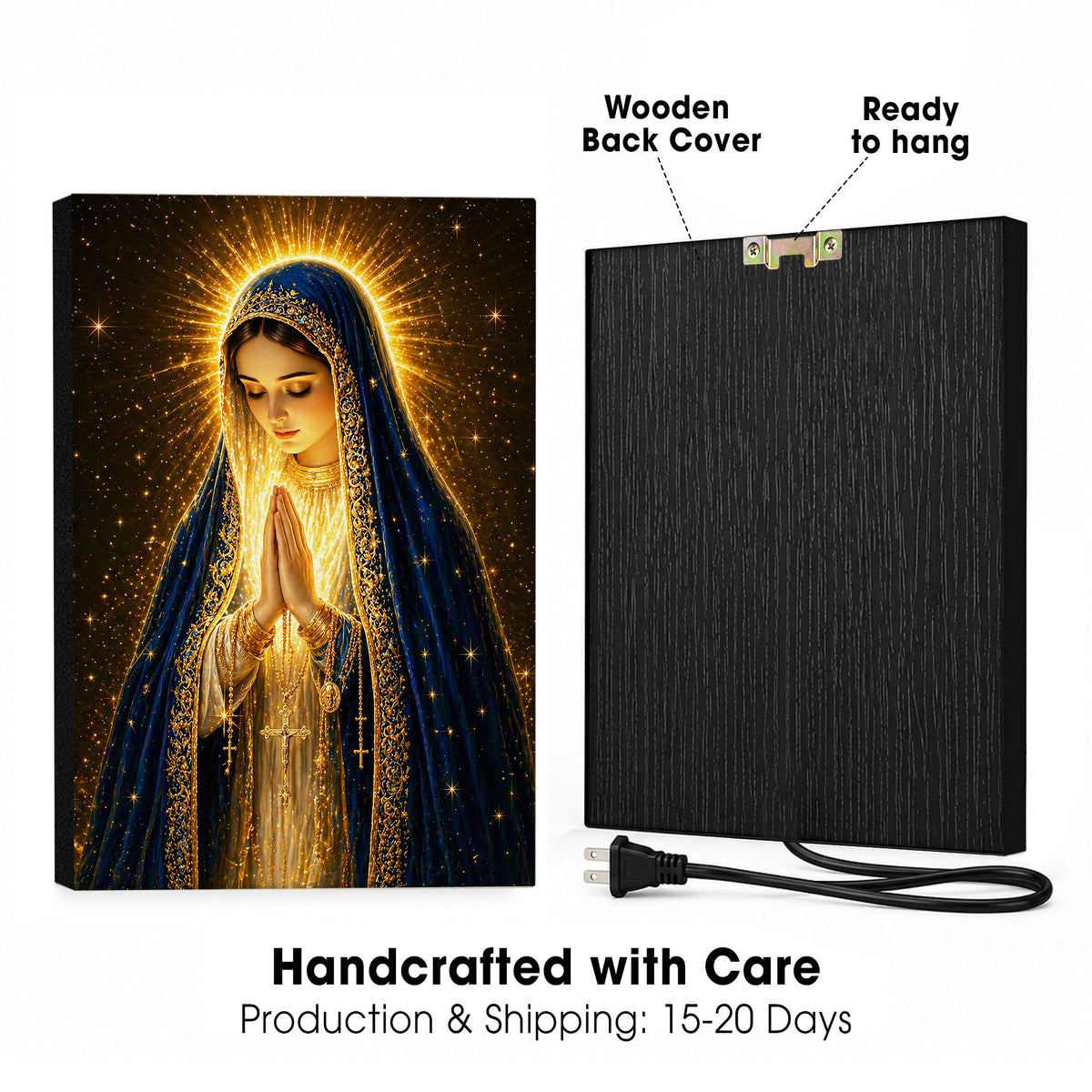 LED Mother Mary Prayer Canvas/Mica – Christian Wall Art with Hidden Backlight