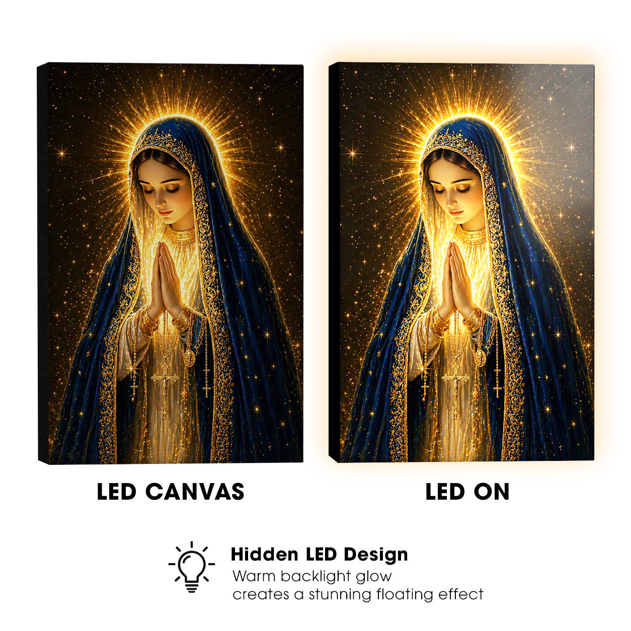 LED Mother Mary Prayer Canvas/Mica – Christian Wall Art with Hidden Backlight