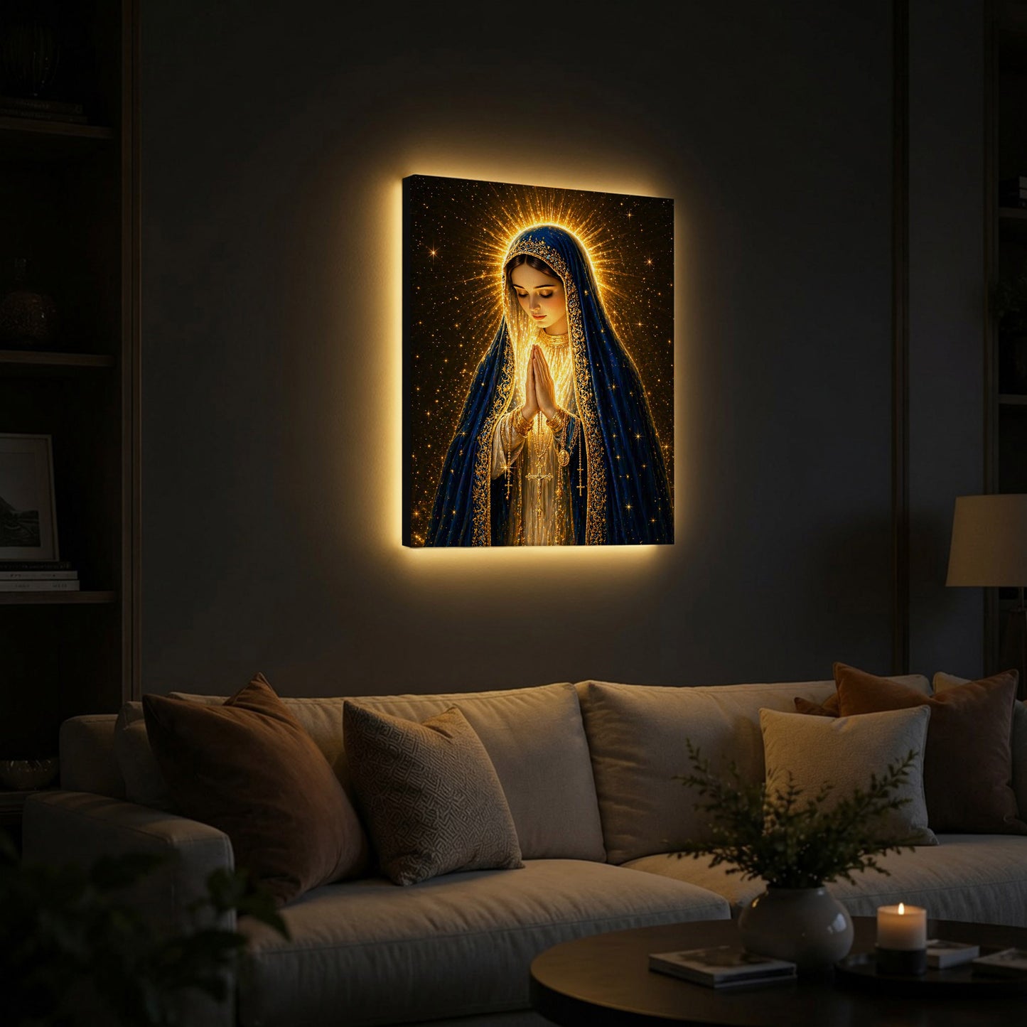 LED Mother Mary Prayer Canvas/Mica – Christian Wall Art with Hidden Backlight