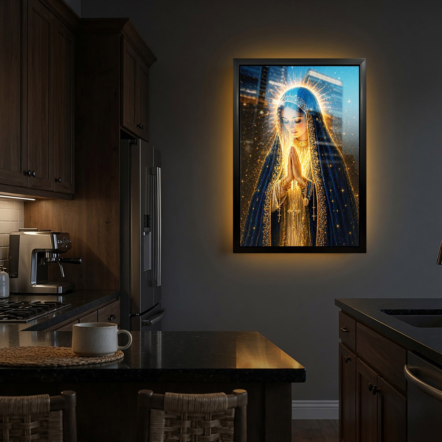 LED Mother Mary Prayer Canvas/Mica – Christian Wall Art with Hidden Backlight