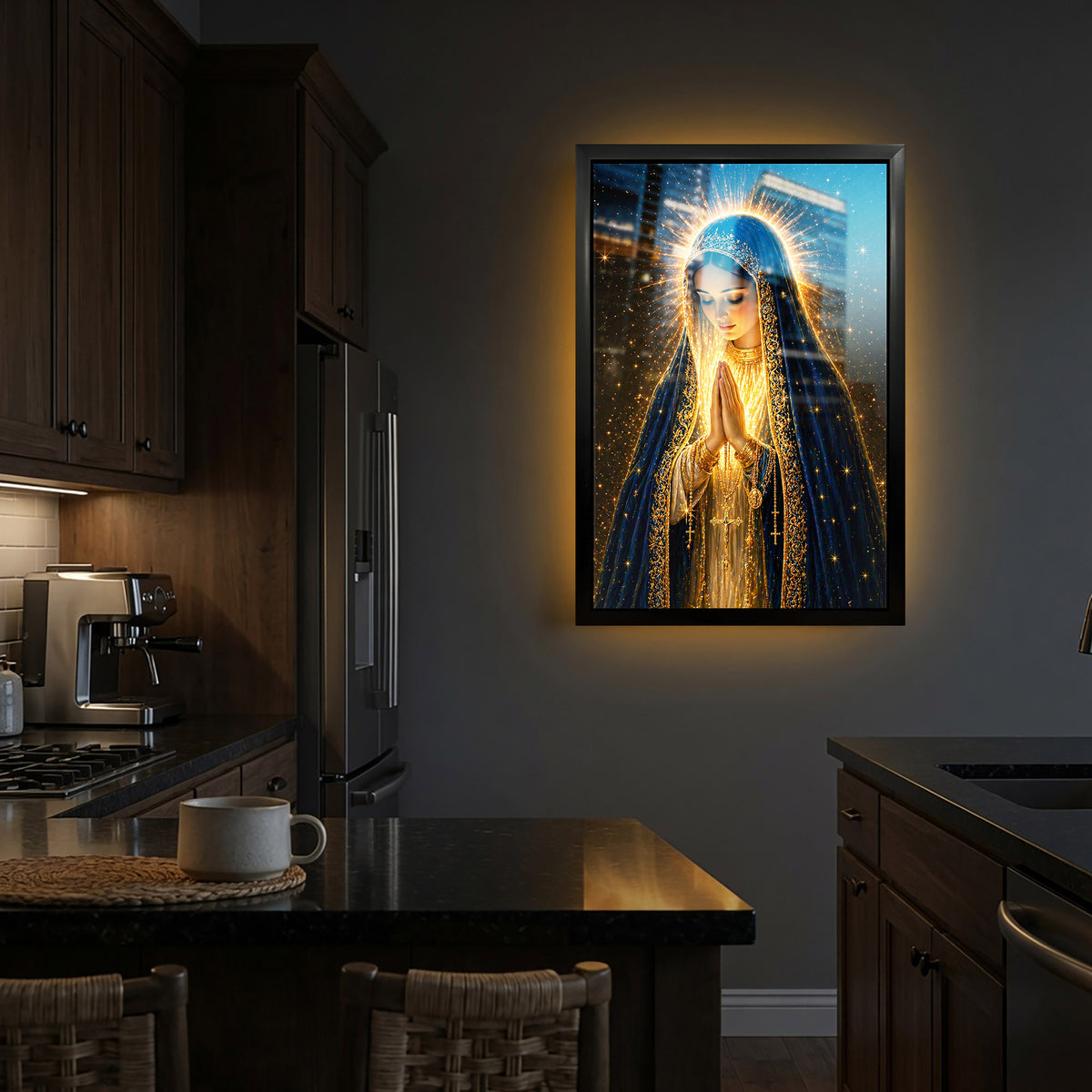 LED Mother Mary Prayer Canvas/Mica – Christian Wall Art with Hidden Backlight