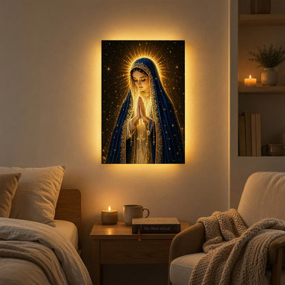 LED Mother Mary Prayer Canvas/Mica – Christian Wall Art with Hidden Backlight