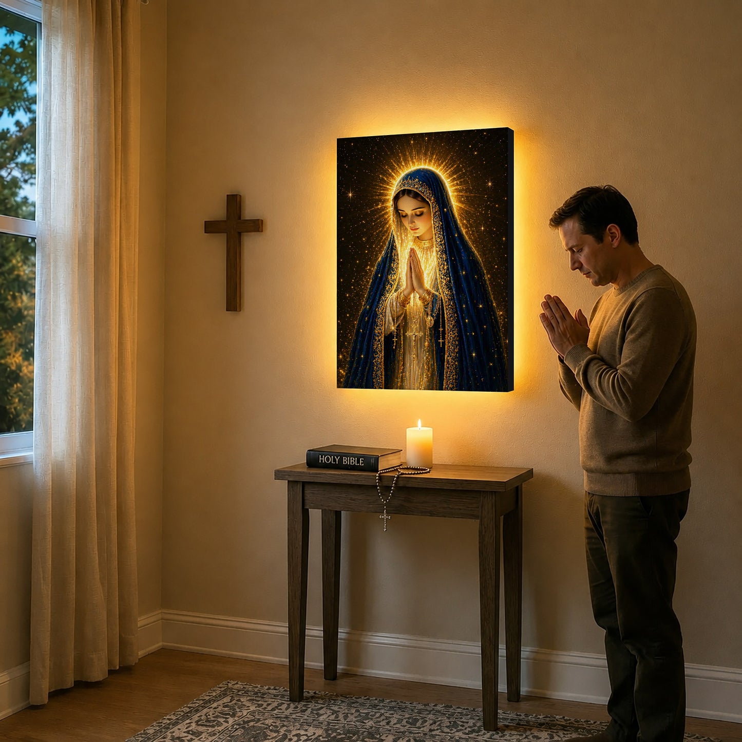 LED Mother Mary Prayer Canvas/Mica – Christian Wall Art with Hidden Backlight