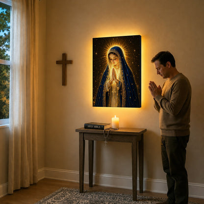 LED Mother Mary Prayer Canvas/Mica – Christian Wall Art with Hidden Backlight