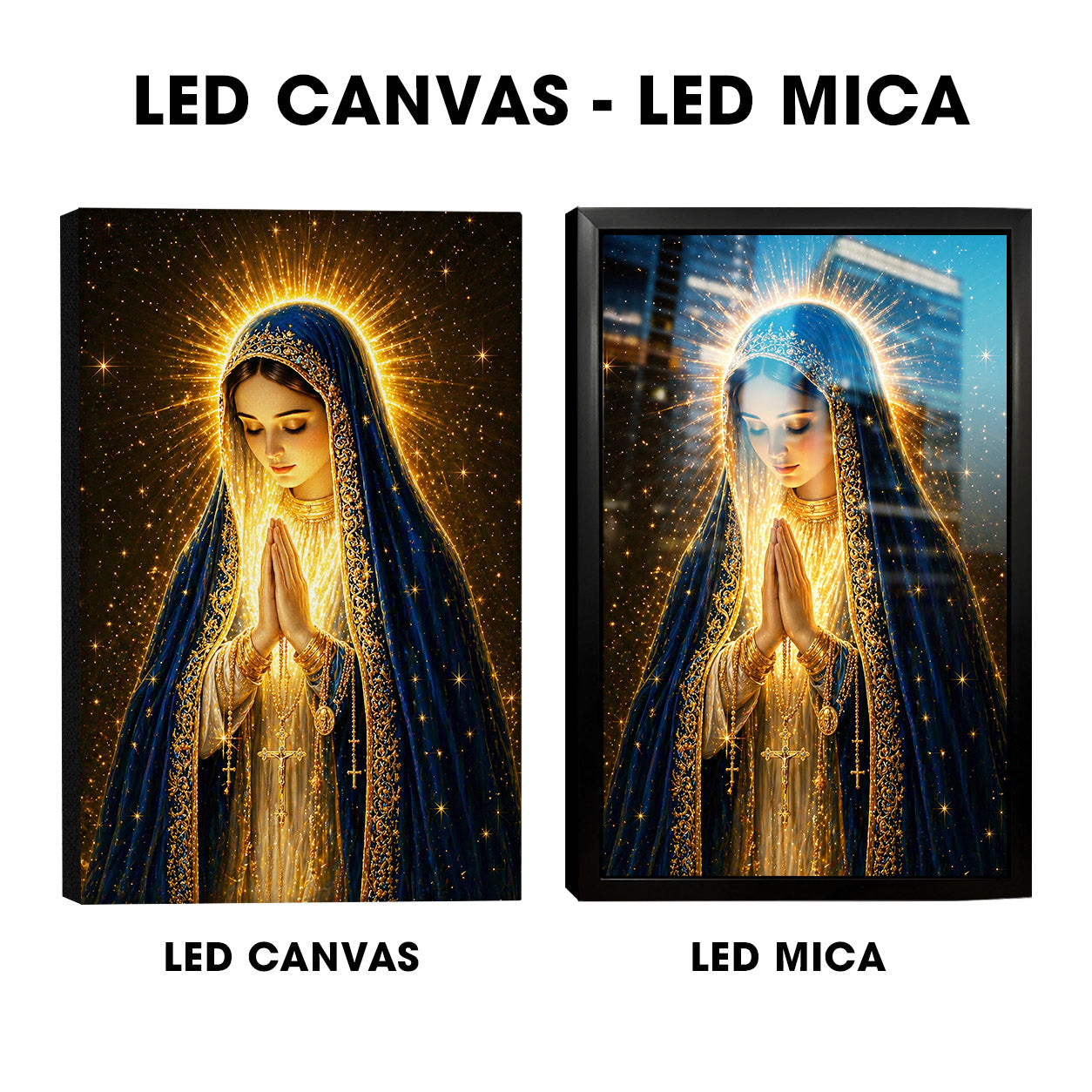 LED Mother Mary Prayer Canvas/Mica – Christian Wall Art with Hidden Backlight