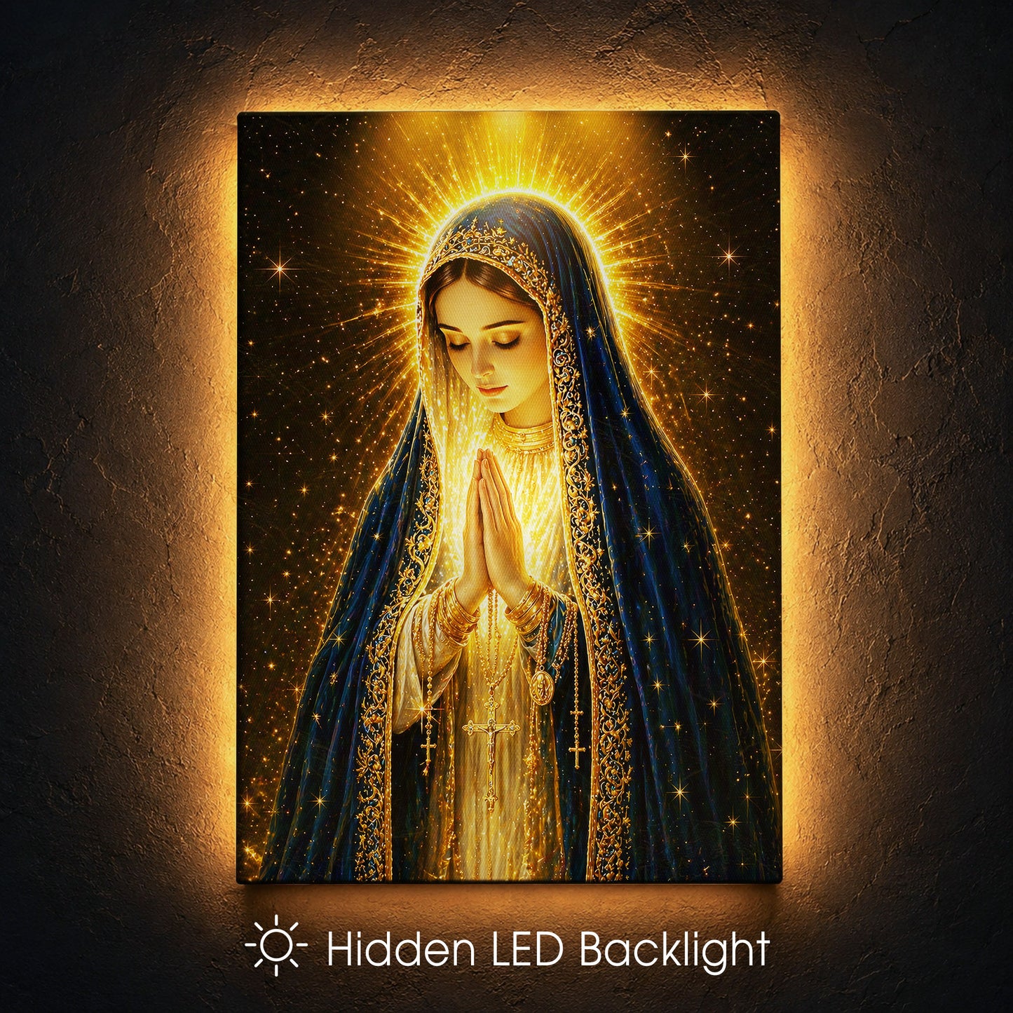 LED Mother Mary Prayer Canvas/Mica – Christian Wall Art with Hidden Backlight