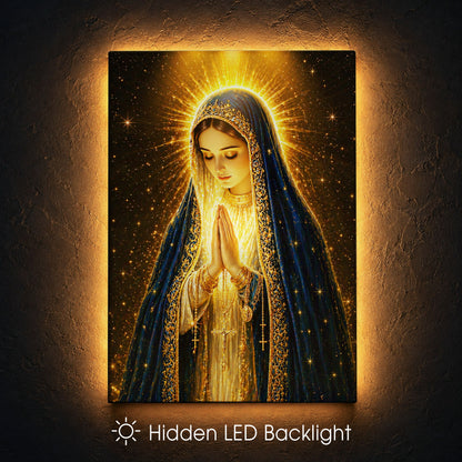 LED Mother Mary Prayer Canvas/Mica – Christian Wall Art with Hidden Backlight