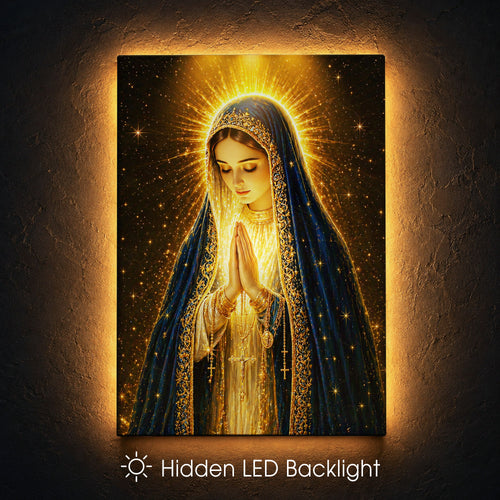 LED Mother Mary Prayer Canvas/Mica – Christian Wall Art with Hidden Backlight