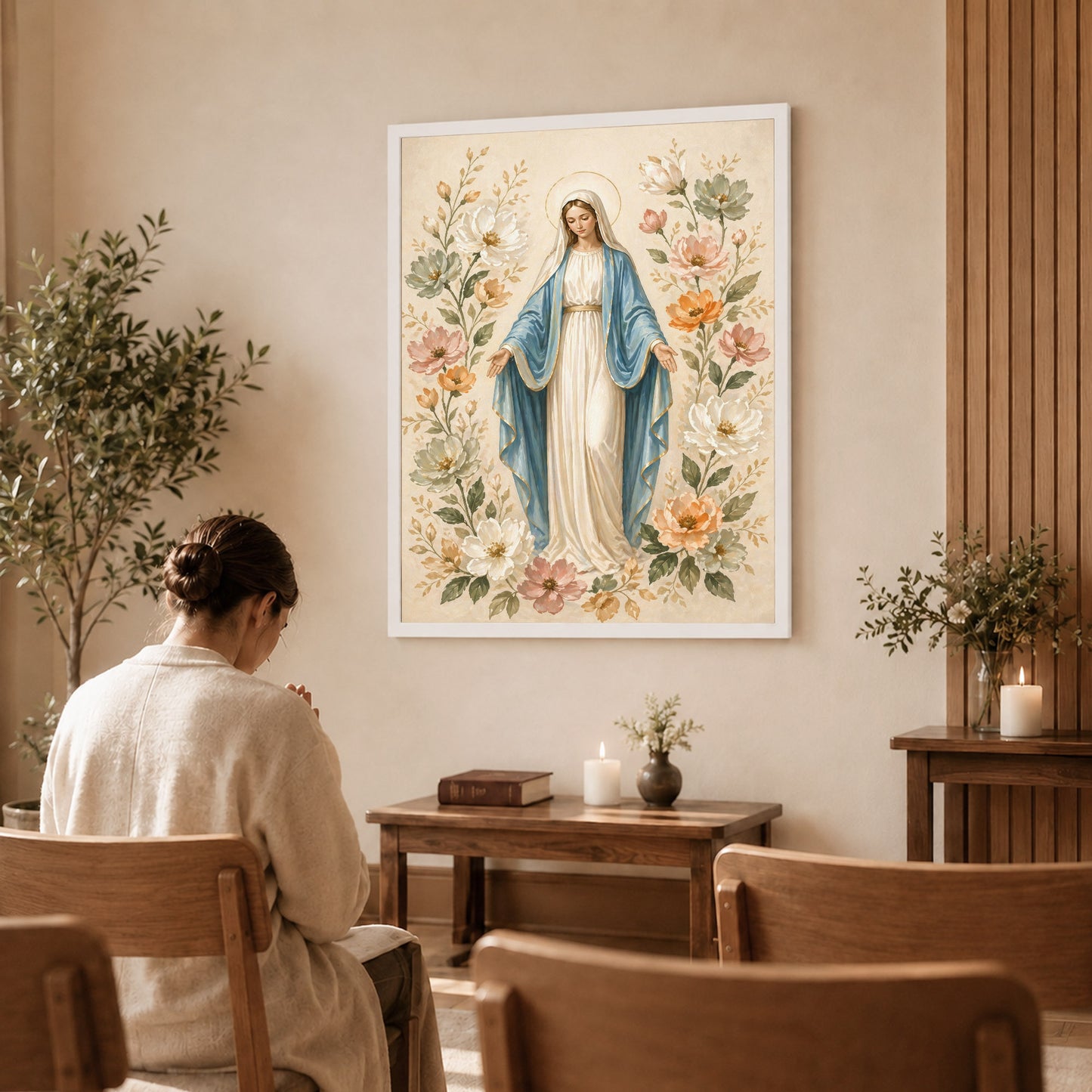 Floral Virgin Mary Grace Art Print Poster/Canvas