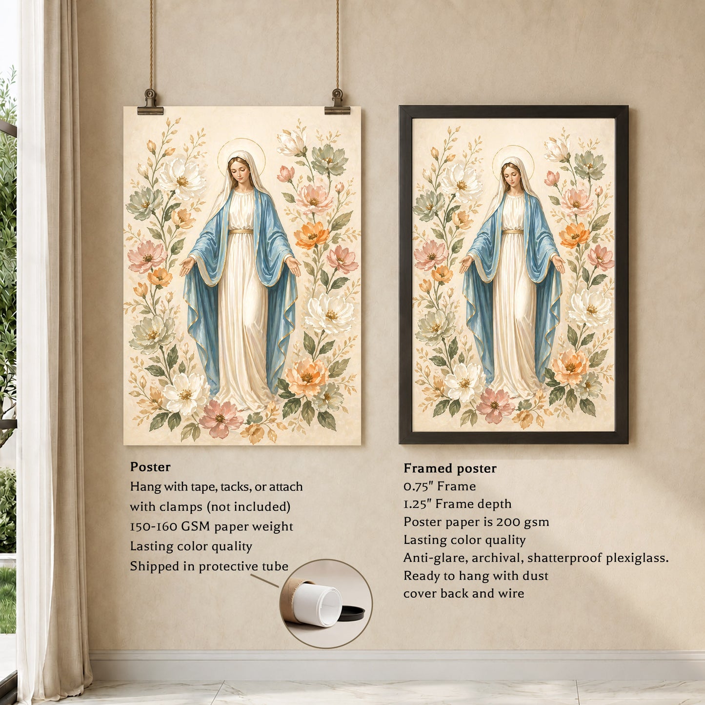 Floral Virgin Mary Grace Art Print Poster/Canvas