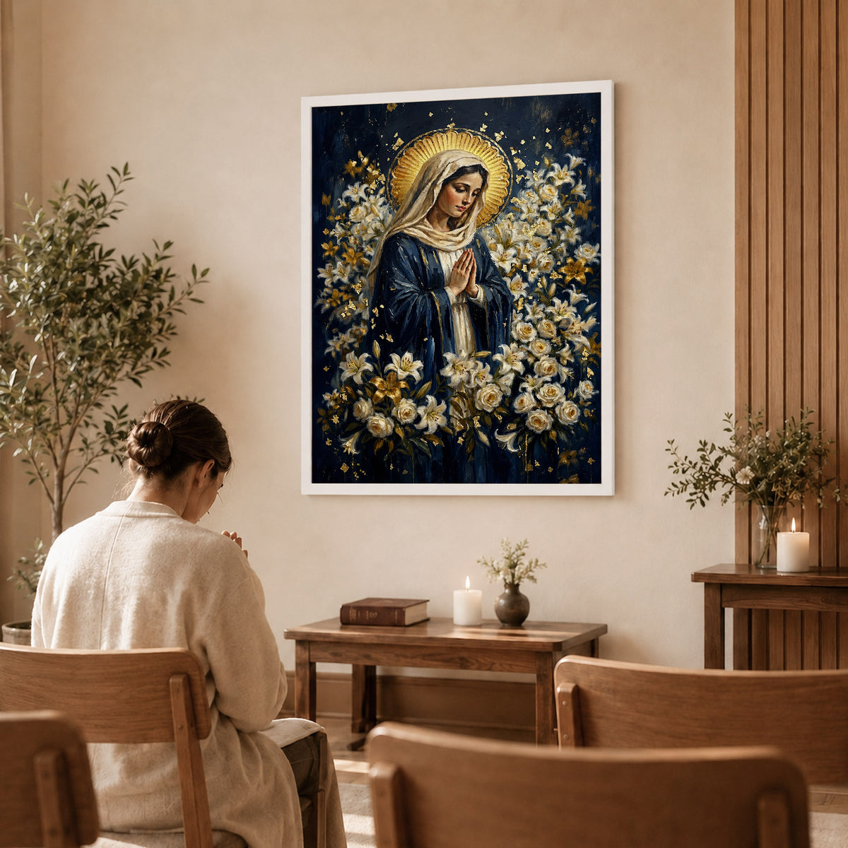 Blessed Mother Surrounded by Lilies Poster/Canvas
