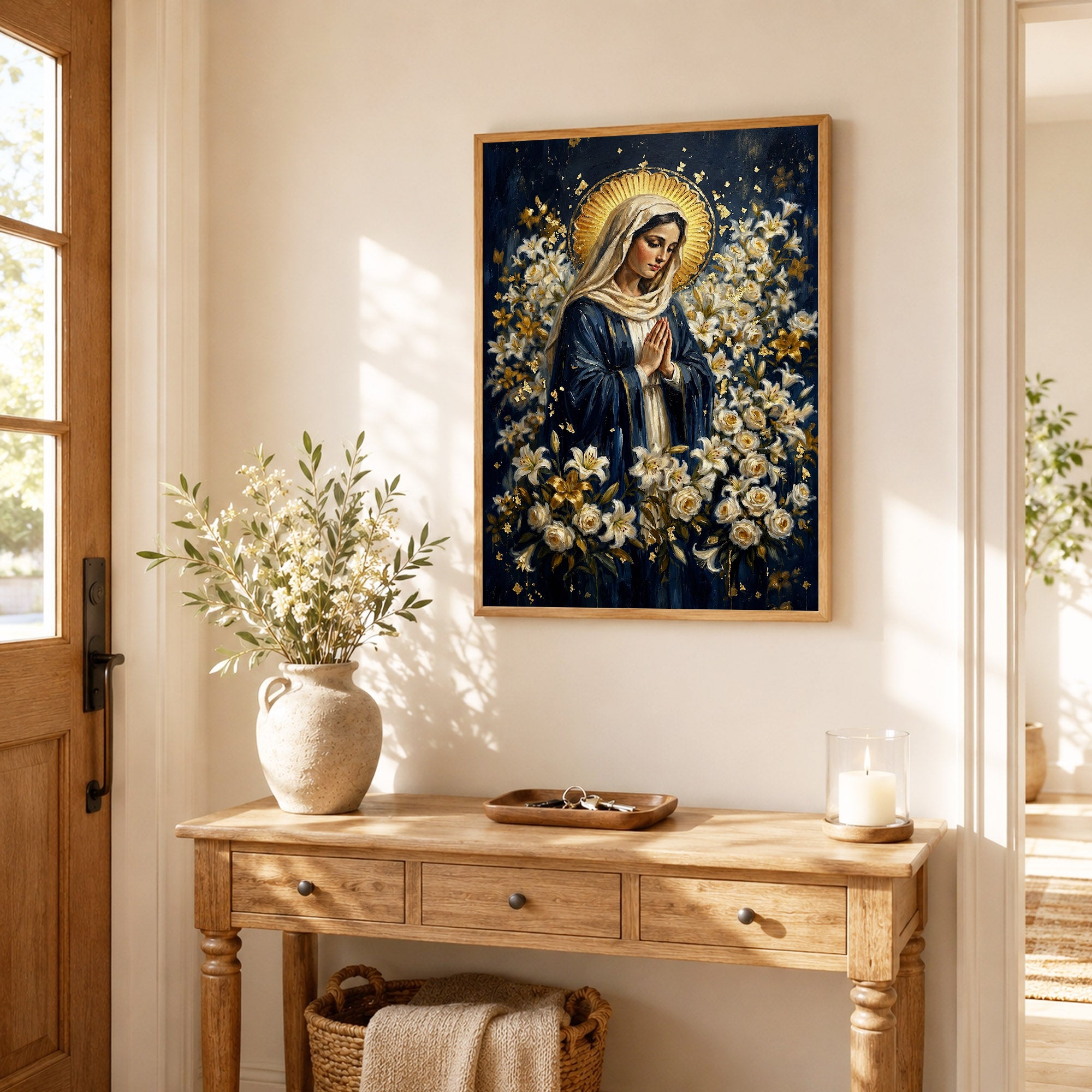 Blessed Mother Surrounded by Lilies Poster/Canvas