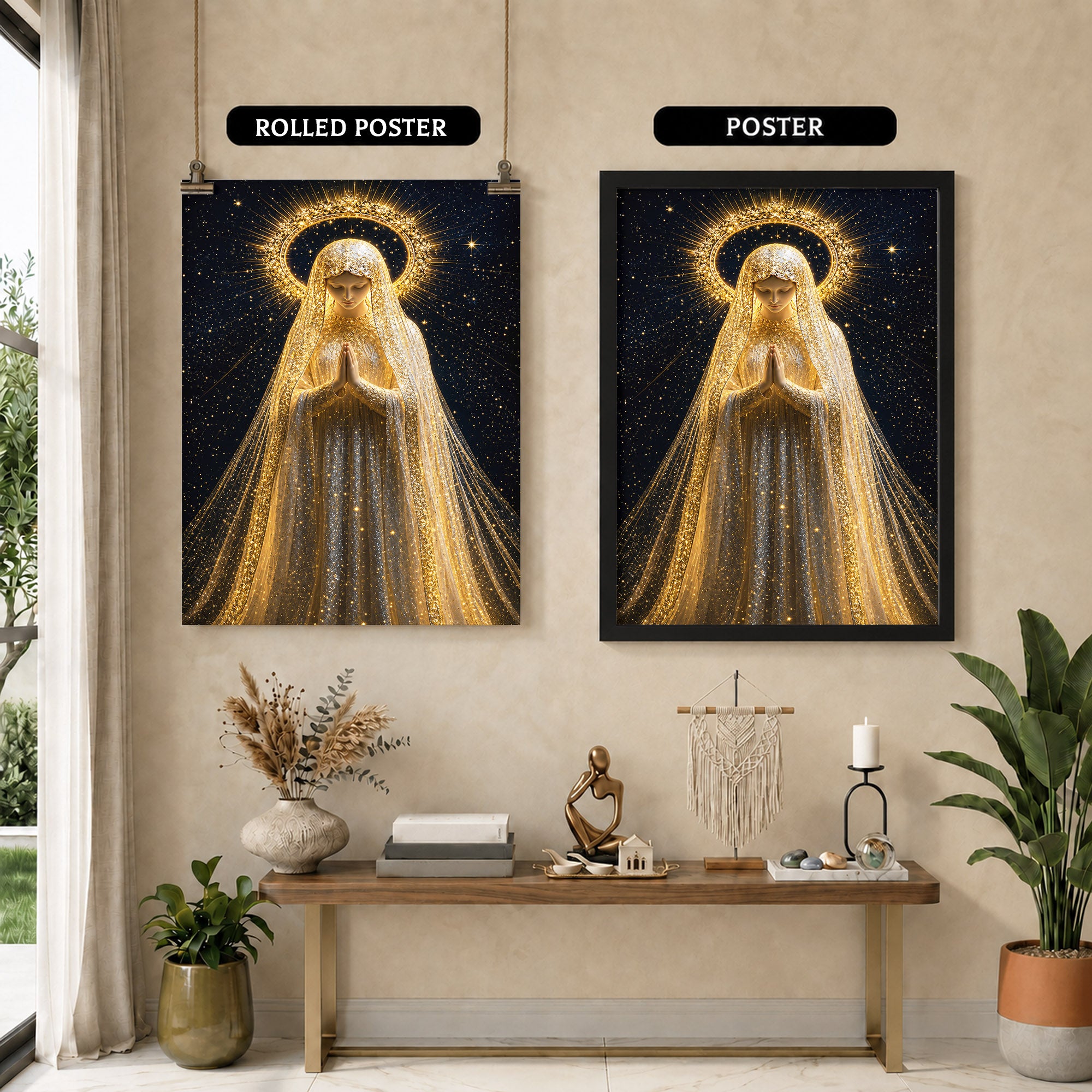 Golden Radiance Virgin Mary – Illuminated Prayer & Divine Presence Poster/Canvas