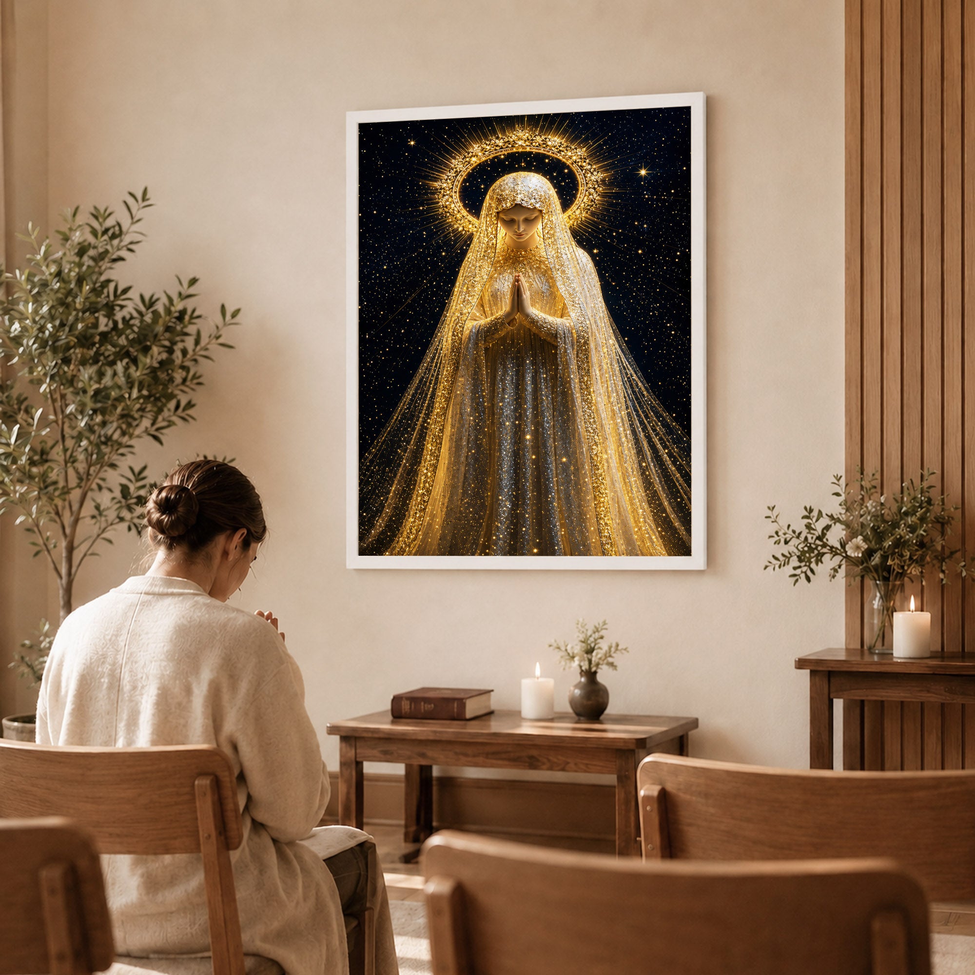 Golden Radiance Virgin Mary – Illuminated Prayer & Divine Presence Poster/Canvas