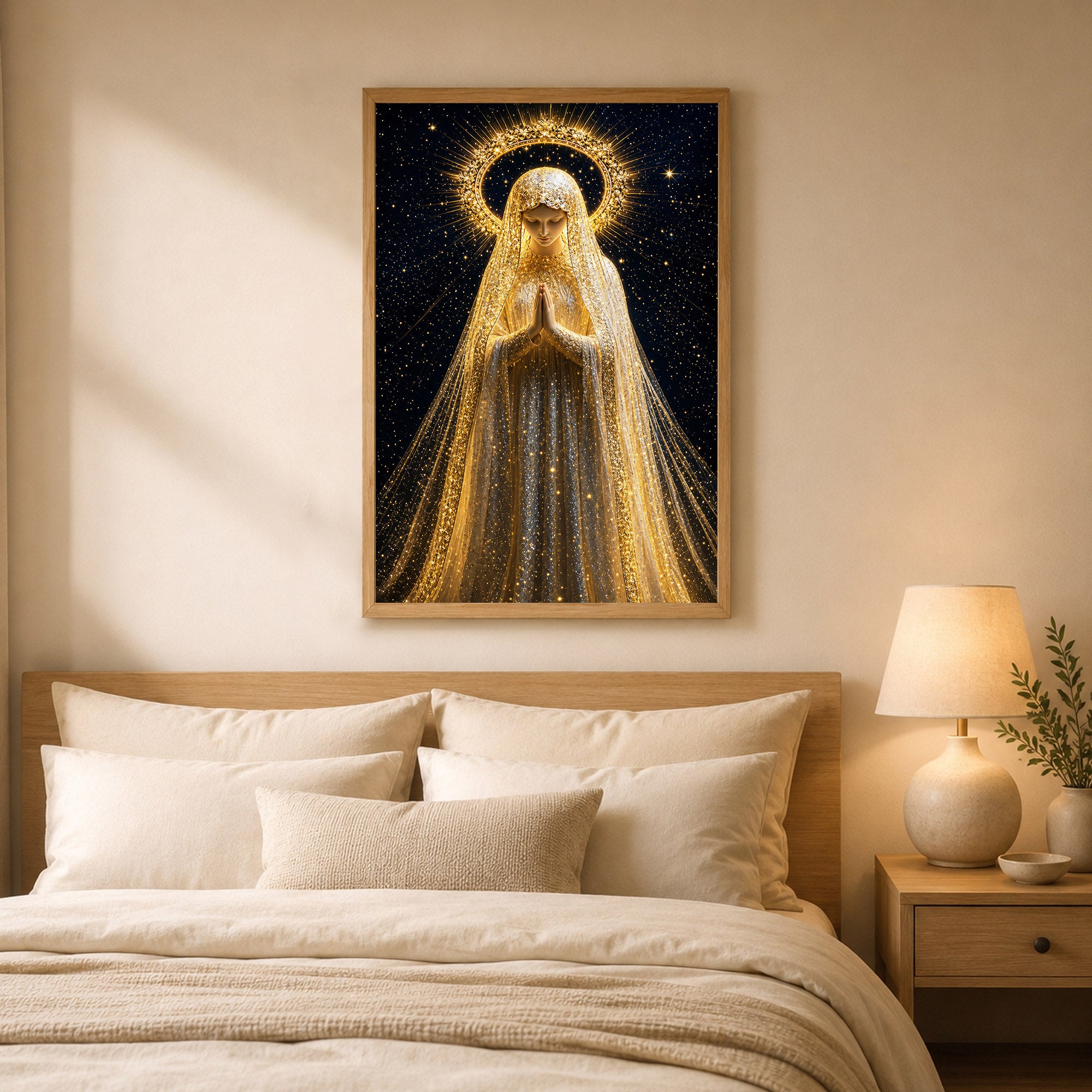 Golden Radiance Virgin Mary – Illuminated Prayer & Divine Presence Poster/Canvas