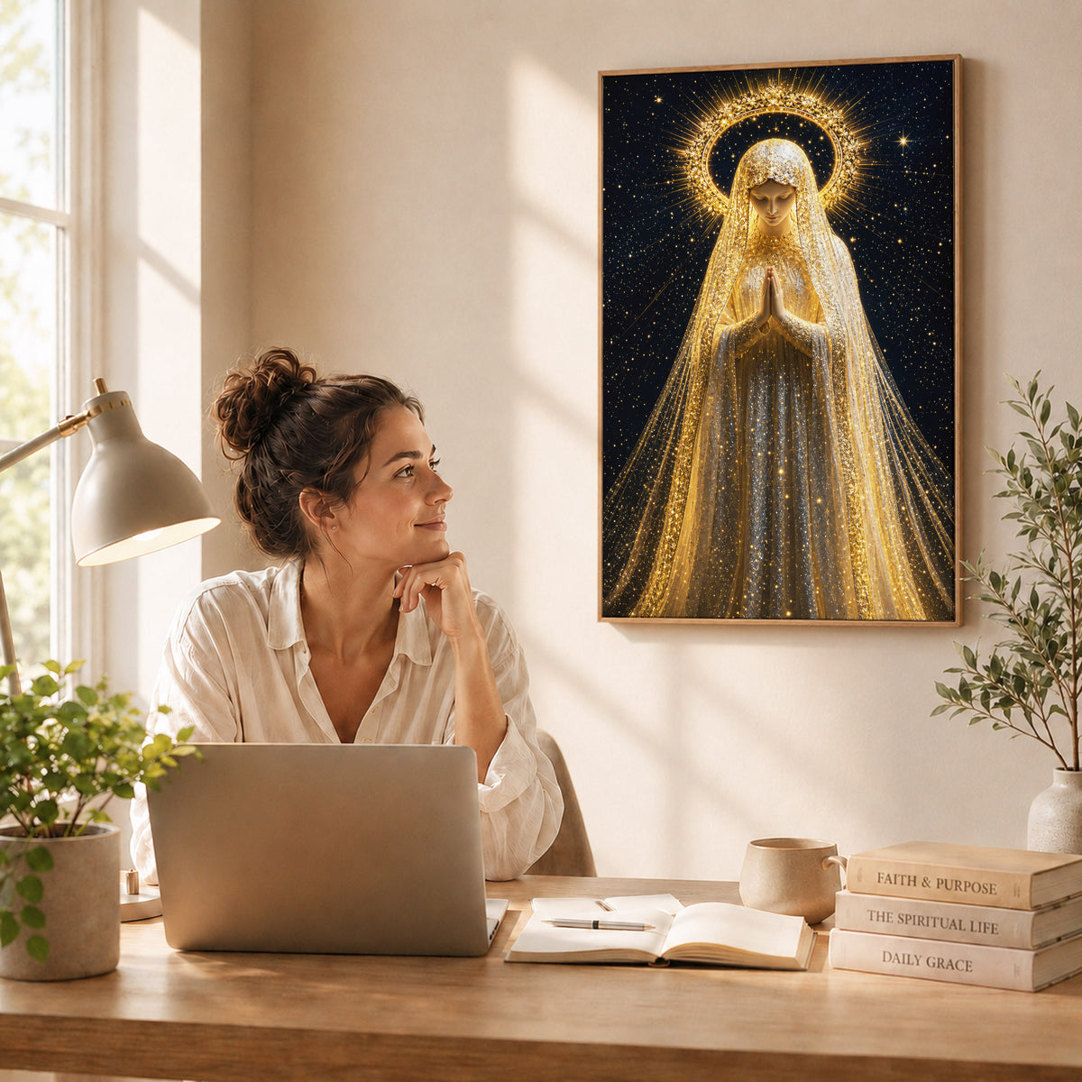 Golden Radiance Virgin Mary – Illuminated Prayer & Divine Presence Poster/Canvas