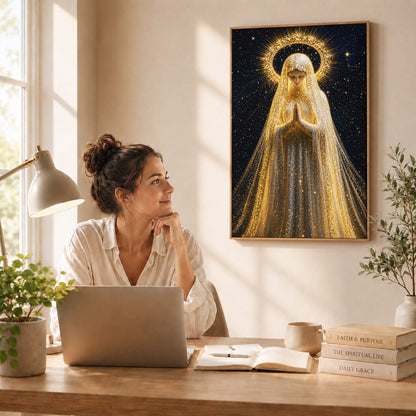 Golden Radiance Virgin Mary – Illuminated Prayer & Divine Presence Poster/Canvas