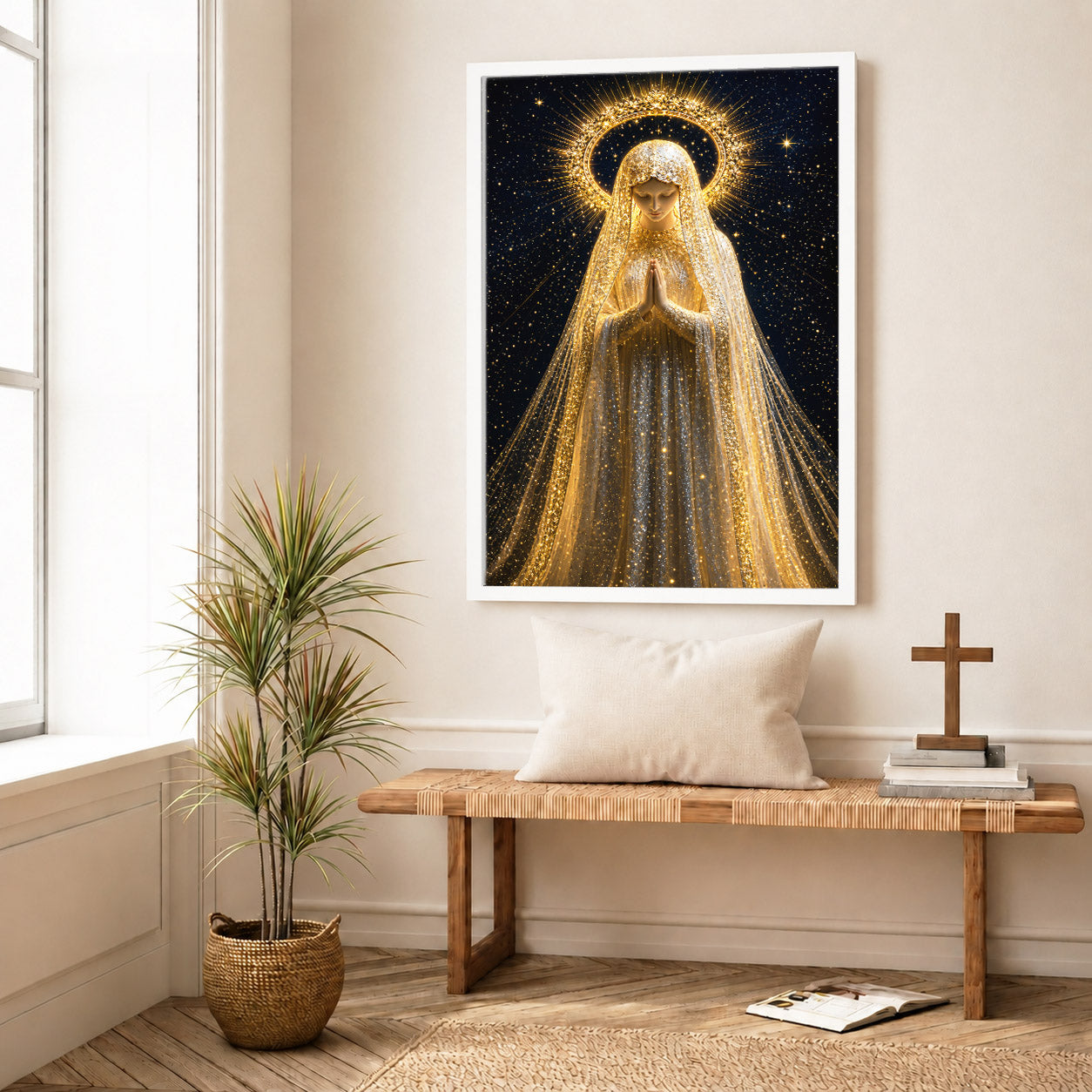 Golden Radiance Virgin Mary – Illuminated Prayer & Divine Presence Poster/Canvas