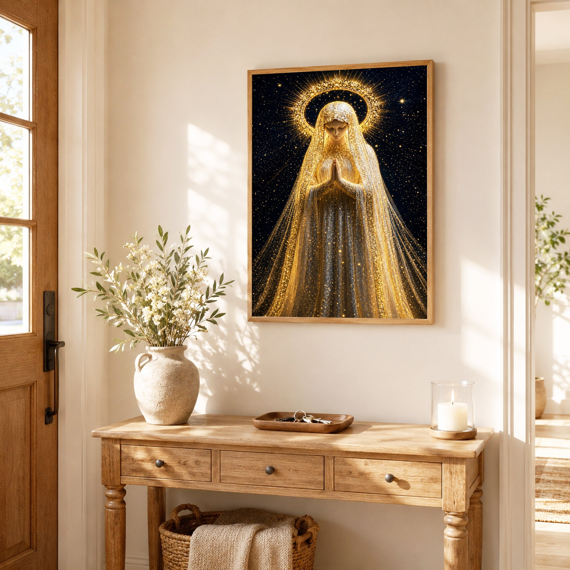 Golden Radiance Virgin Mary – Illuminated Prayer & Divine Presence Poster/Canvas