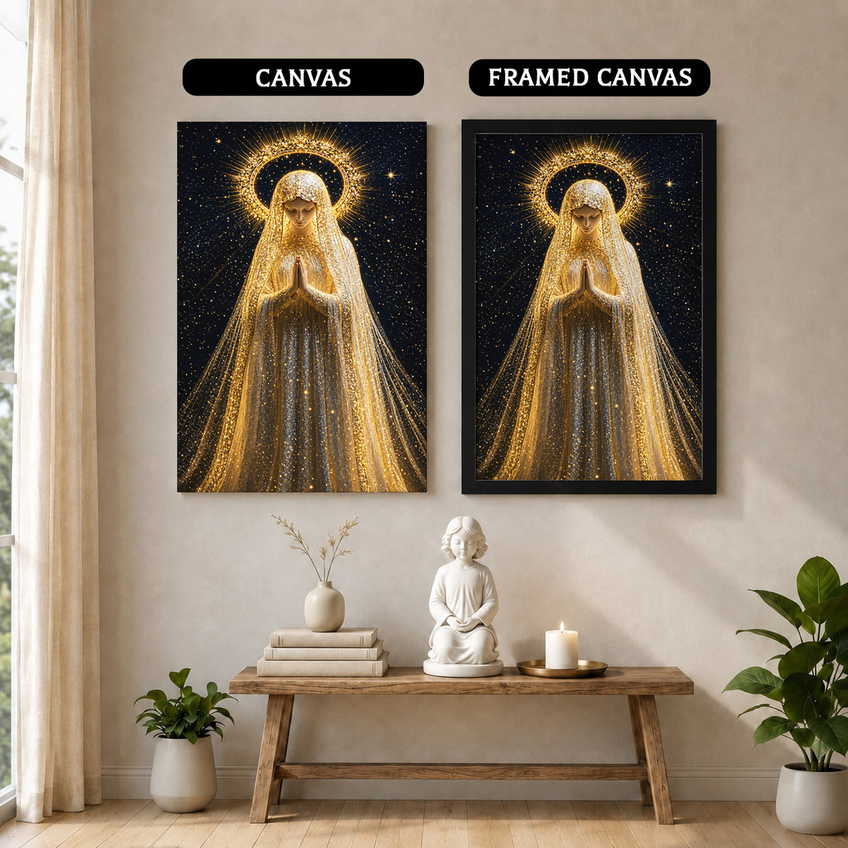 Golden Radiance Virgin Mary – Illuminated Prayer & Divine Presence Poster/Canvas