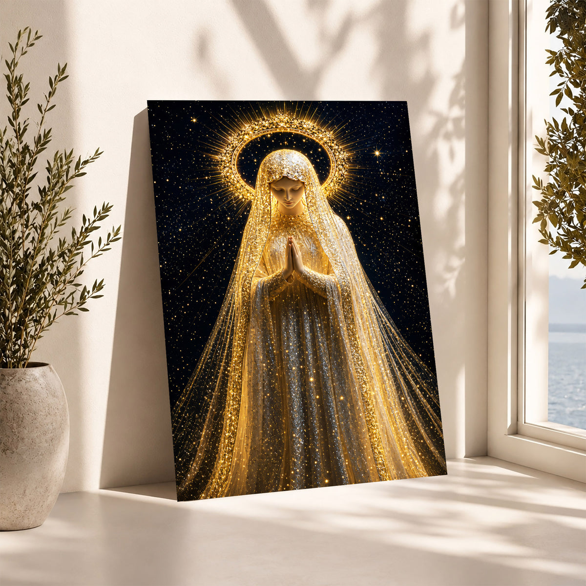 Golden Radiance Virgin Mary – Illuminated Prayer & Divine Presence Poster/Canvas