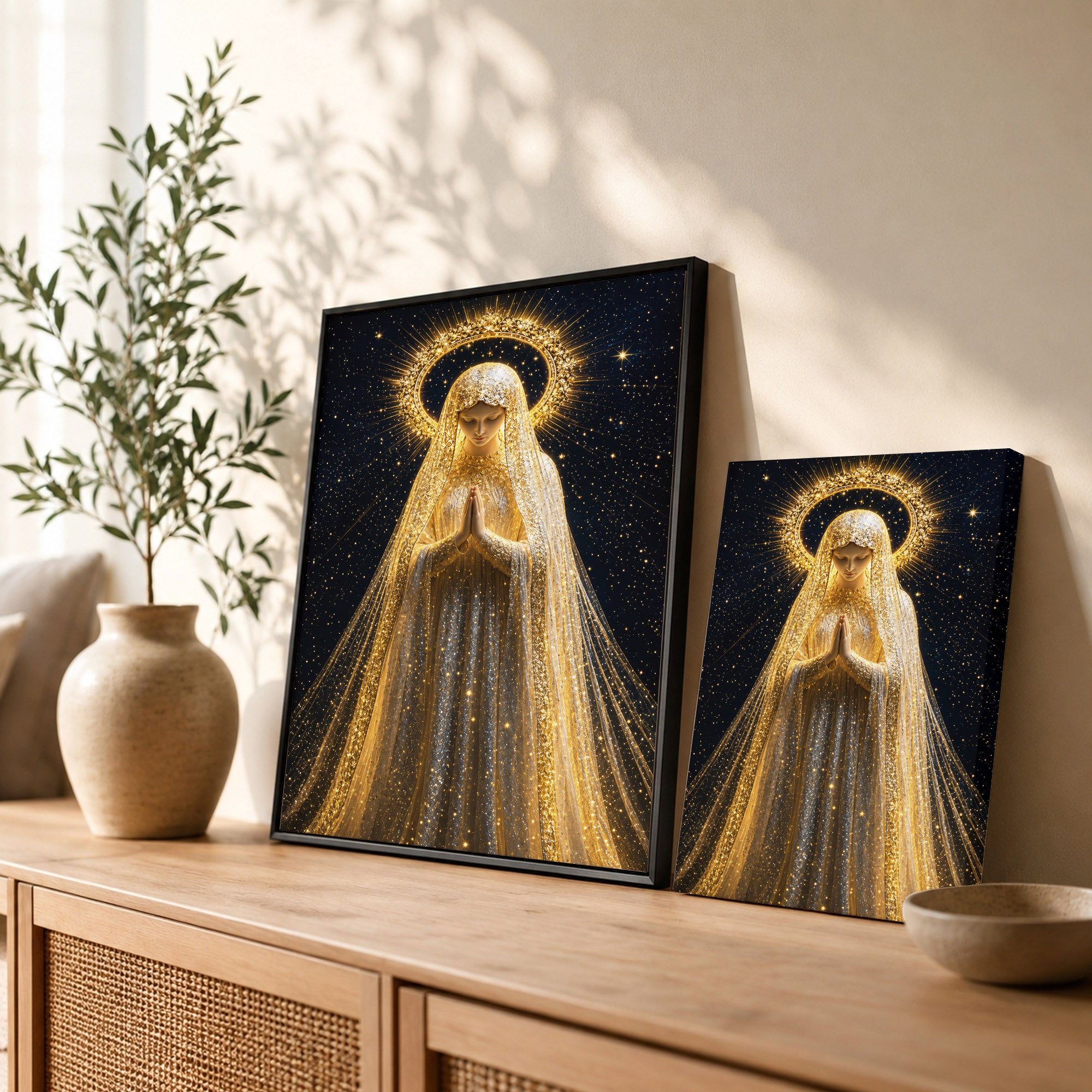 Golden Radiance Virgin Mary – Illuminated Prayer & Divine Presence Poster/Canvas