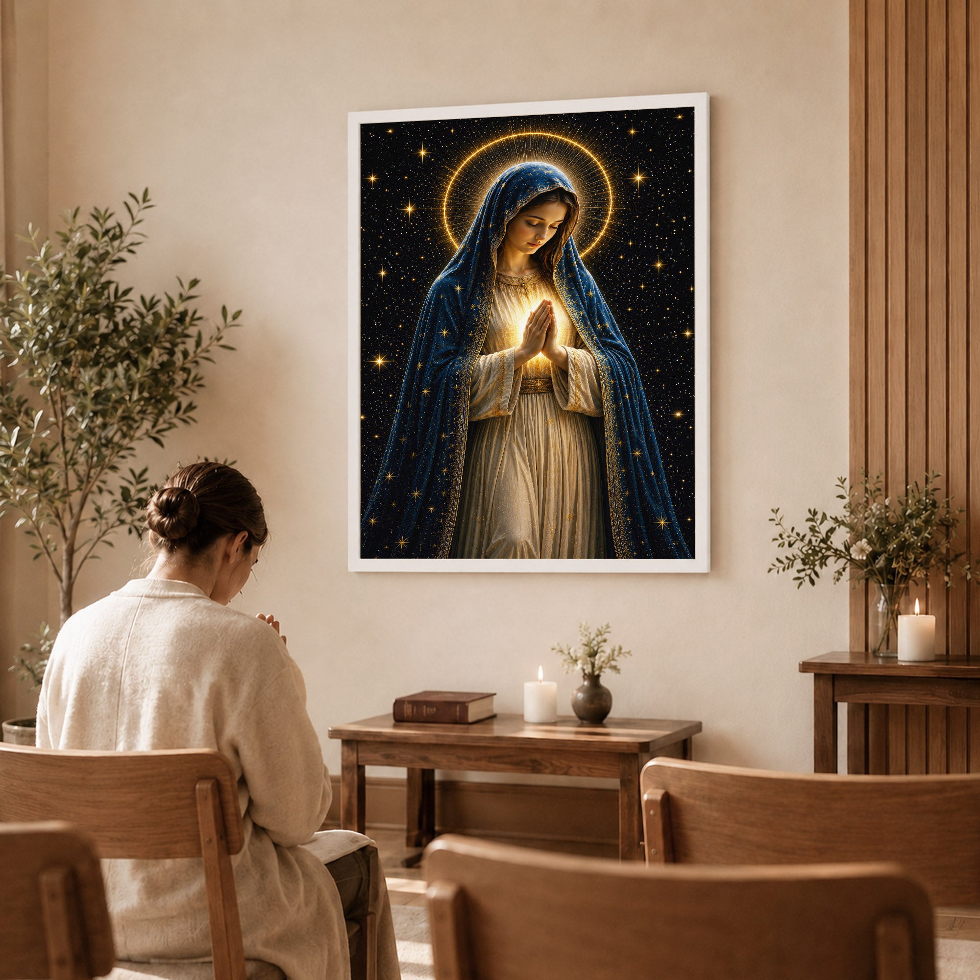 Celestial Virgin Mary Prayer Light Poster/Canvas
