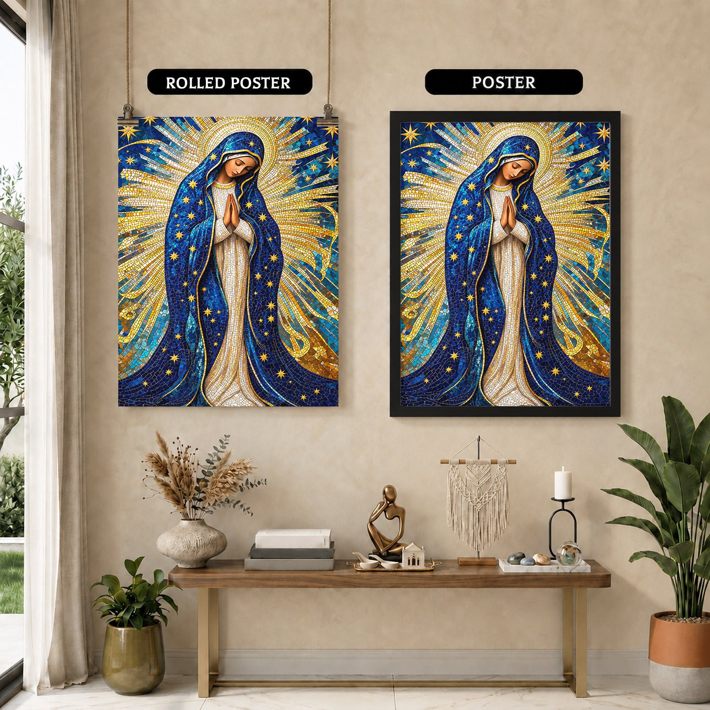 Golden Virgin Mary Starry Mosaic - Elegant Religious Art for Your Home Poster/Canvas