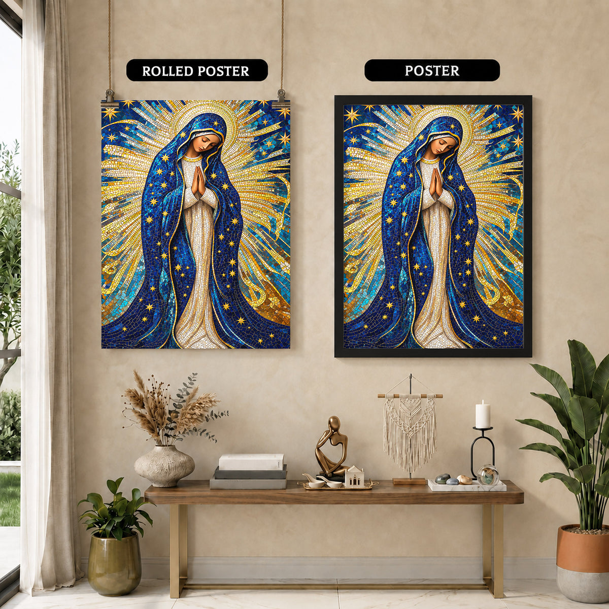 Golden Virgin Mary Starry Mosaic - Elegant Religious Art for Your Home Poster/Canvas