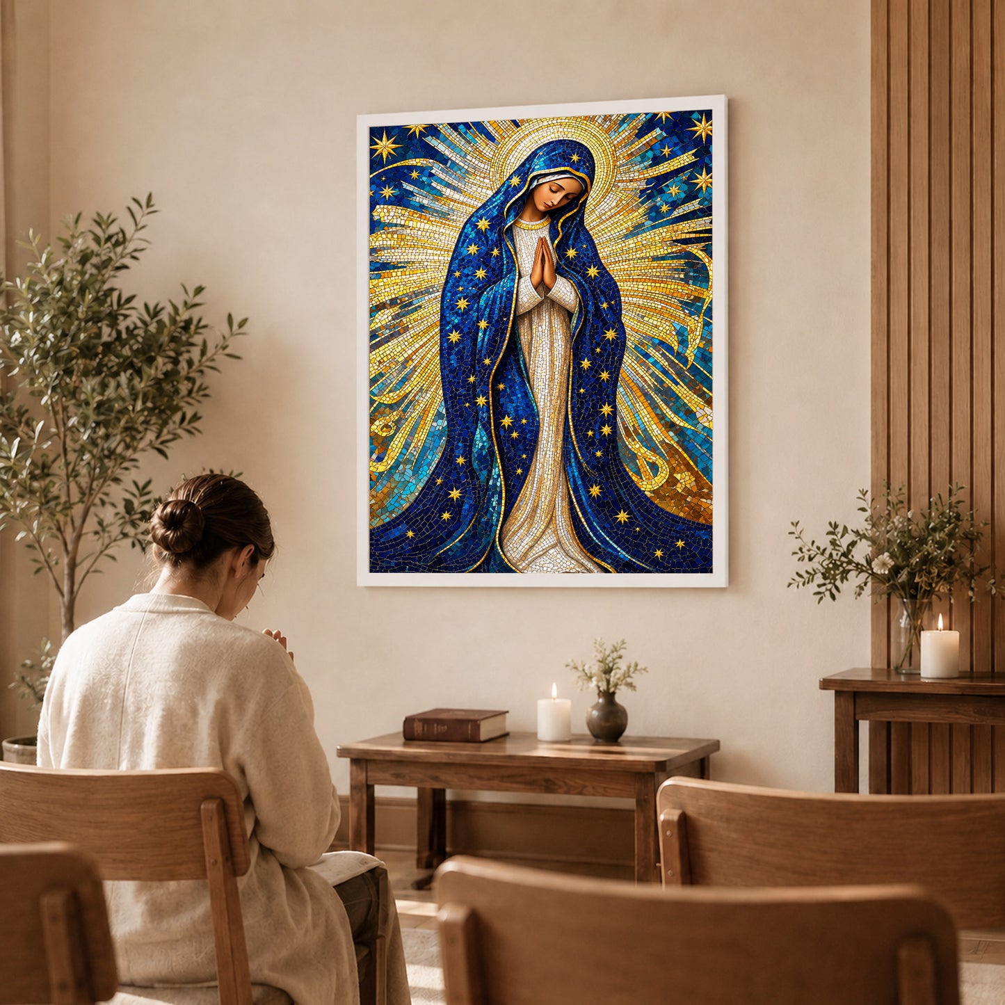 Golden Virgin Mary Starry Mosaic - Elegant Religious Art for Your Home Poster/Canvas