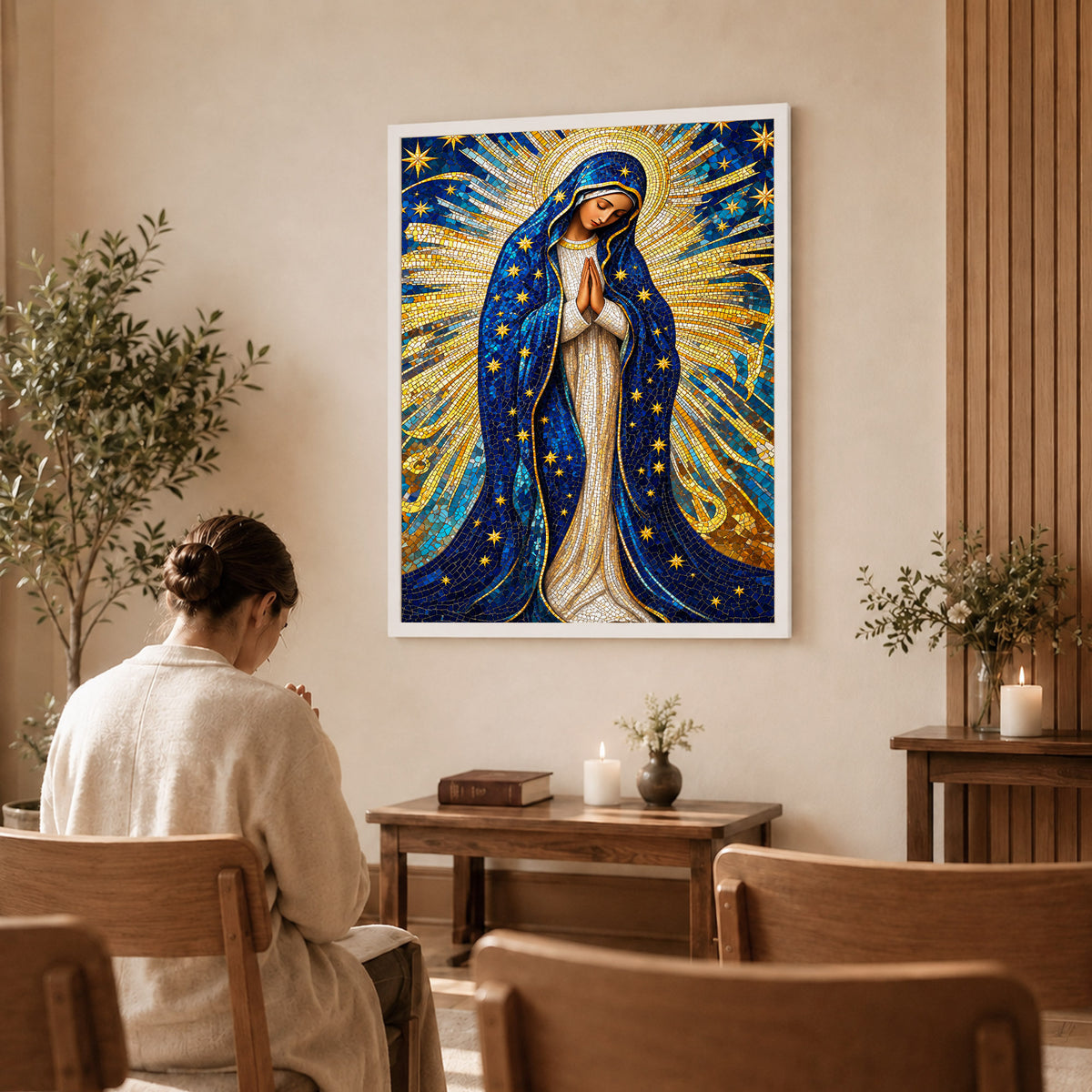 Golden Virgin Mary Starry Mosaic - Elegant Religious Art for Your Home Poster/Canvas