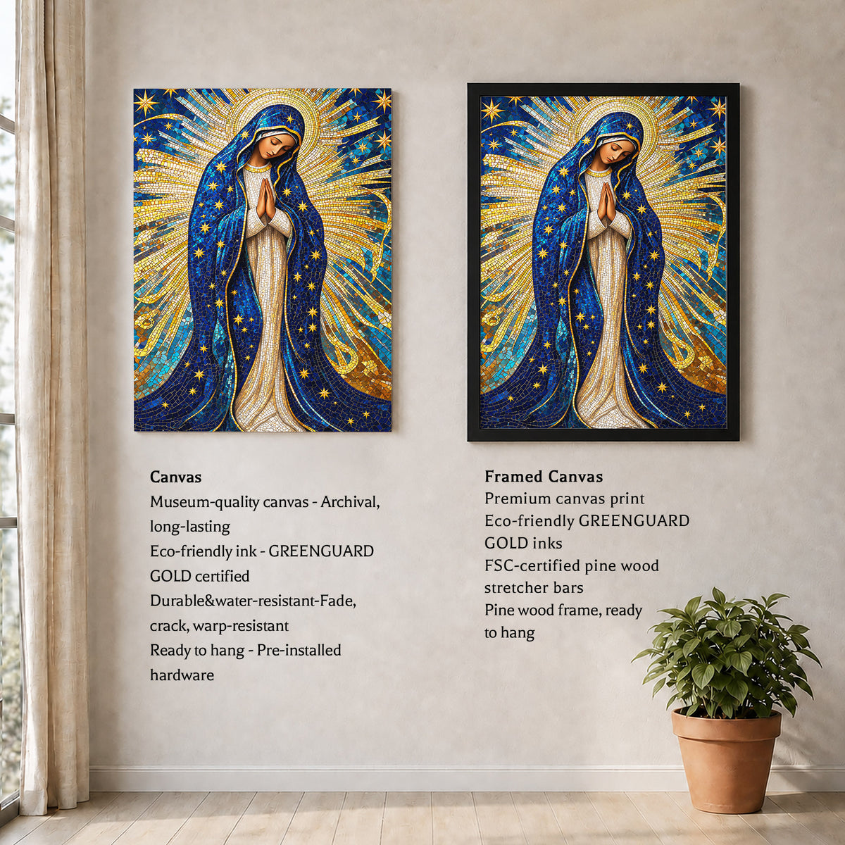 Golden Virgin Mary Starry Mosaic - Elegant Religious Art for Your Home Poster/Canvas