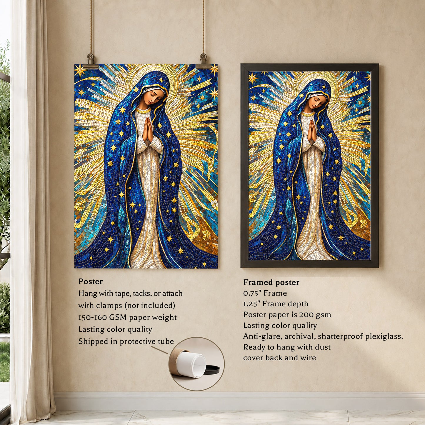 Golden Virgin Mary Starry Mosaic - Elegant Religious Art for Your Home Poster/Canvas